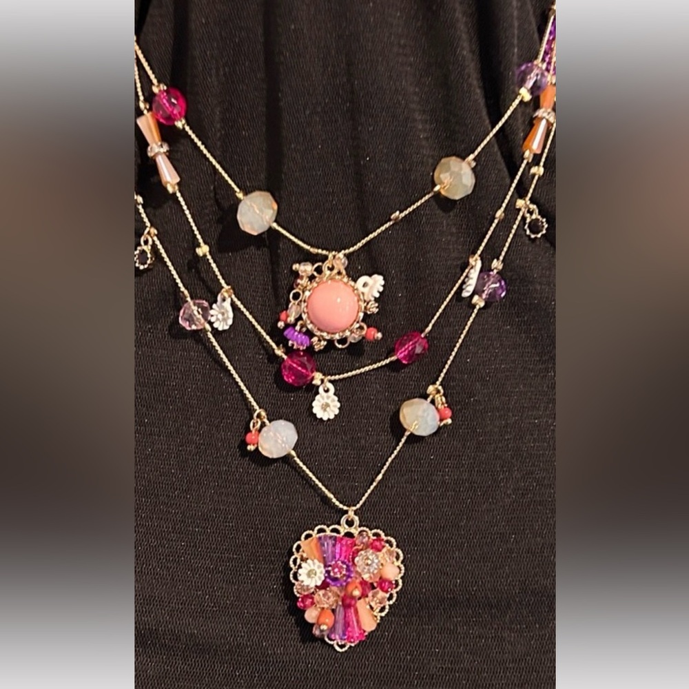 Betsey Johnson Multi-Layered Necklace with Pink and Purple Charms